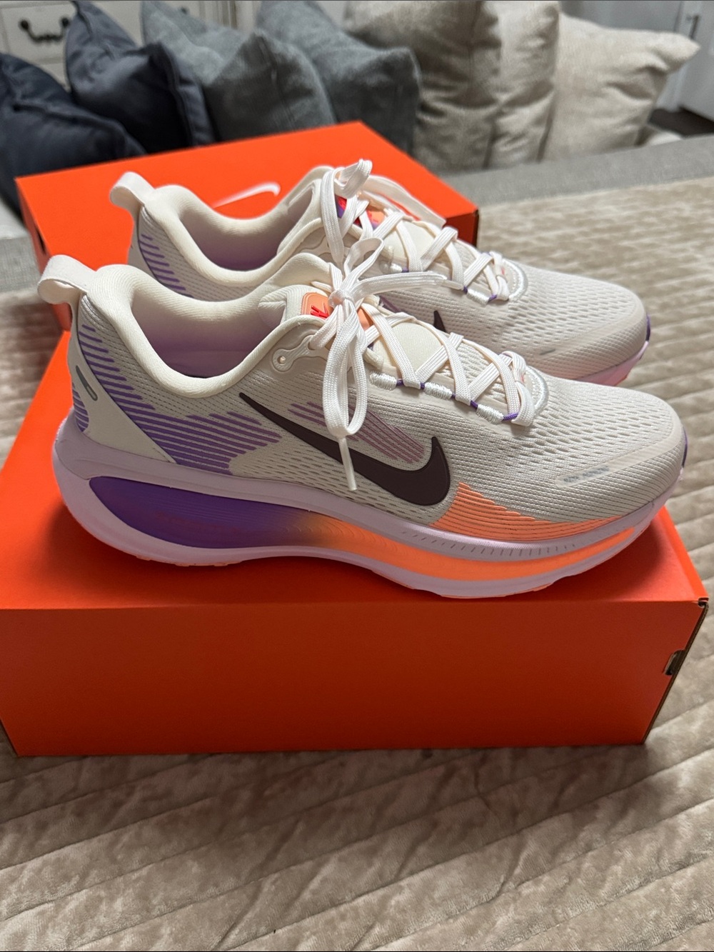 Nike Women’s Vomero 18 Zoom X Athletic Shoes - Cream with Purple & Coral Accents
